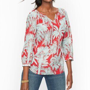 Talbots Plus Size X Oasis Palms Crinkle Gauze Popover Top Red Light Blue 3/4 Sl